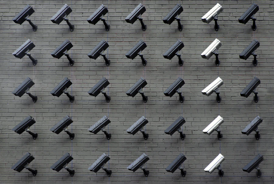 Rows of security cameras mounted on a wall
